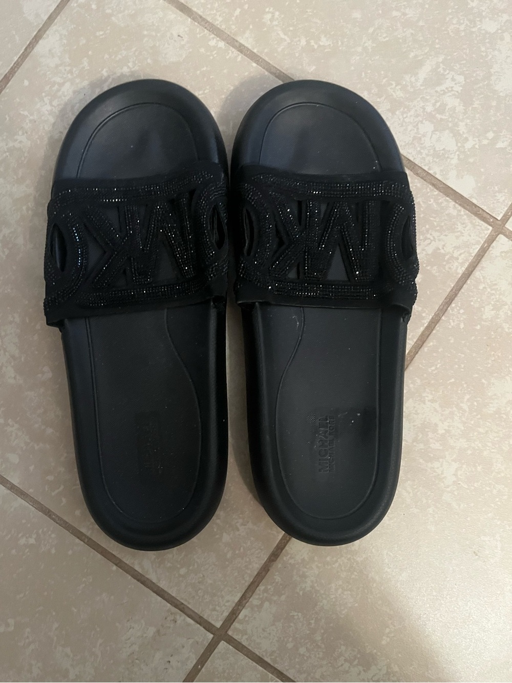 Michael Kors Black Logo Embellished Slide Sandals